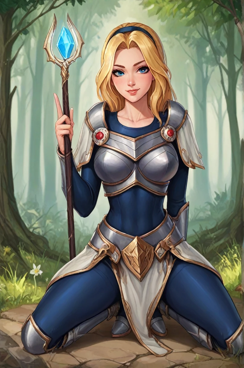 score_9, score_8_up, score_7_up, score_6_up, score_5_up, score_4_up, LuxLoLXL, blue eyes, blonde hair, long hair, hairband, big breasts, collarbone, shoulder armor, armor, blue bodysuit, breastplate, long sleeves, faulds, skirt, blue pants, armored boots, holding staff, solo, full body, standing, seductive smile, looking at viewer, forest, tree ,sitting on knees,peace sign,Half Boston Crab

