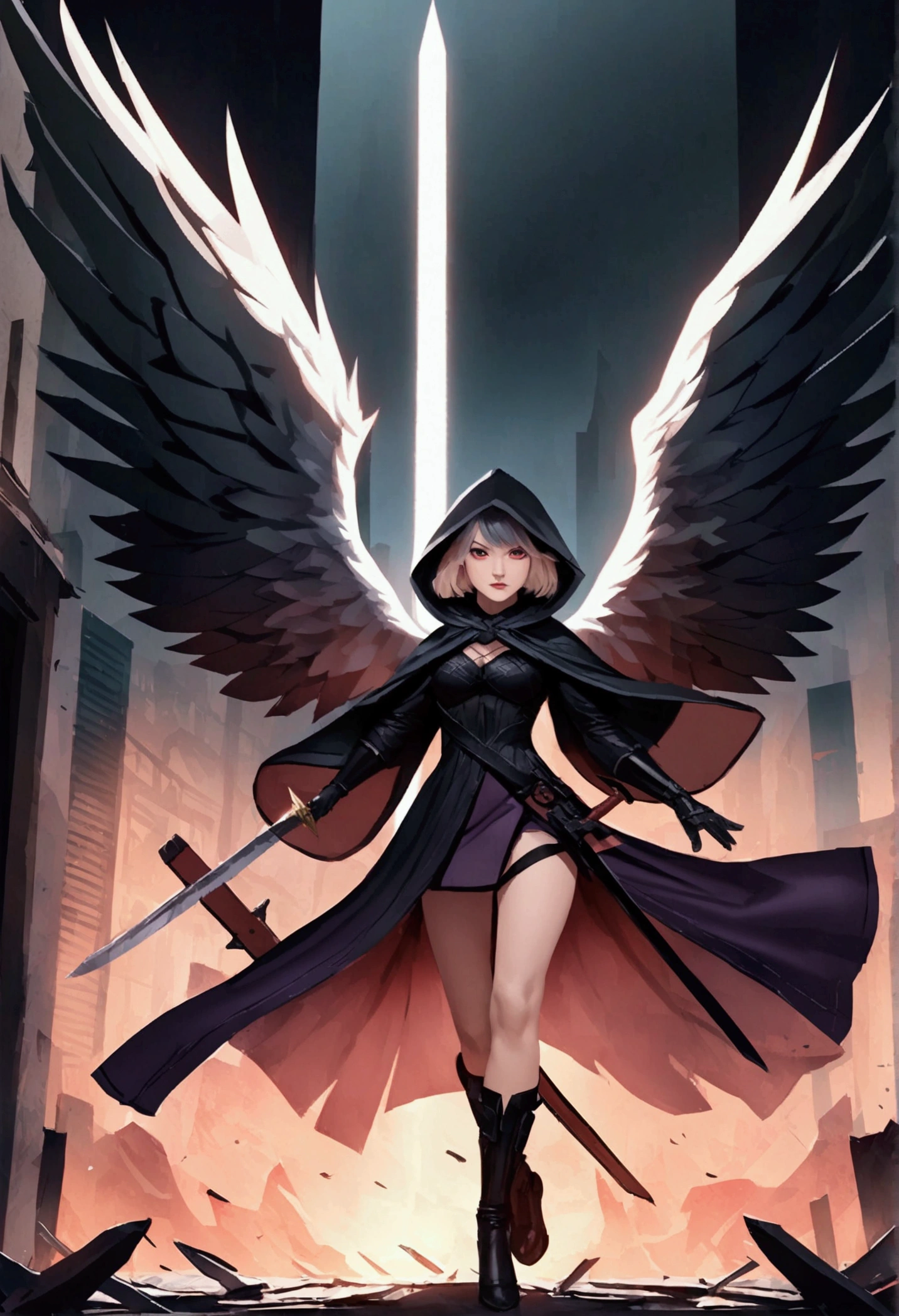 Realistic, 4K, Angels with big wings, Black clothes, one sword, Hood in war background image (chaos) rinnegan eyes