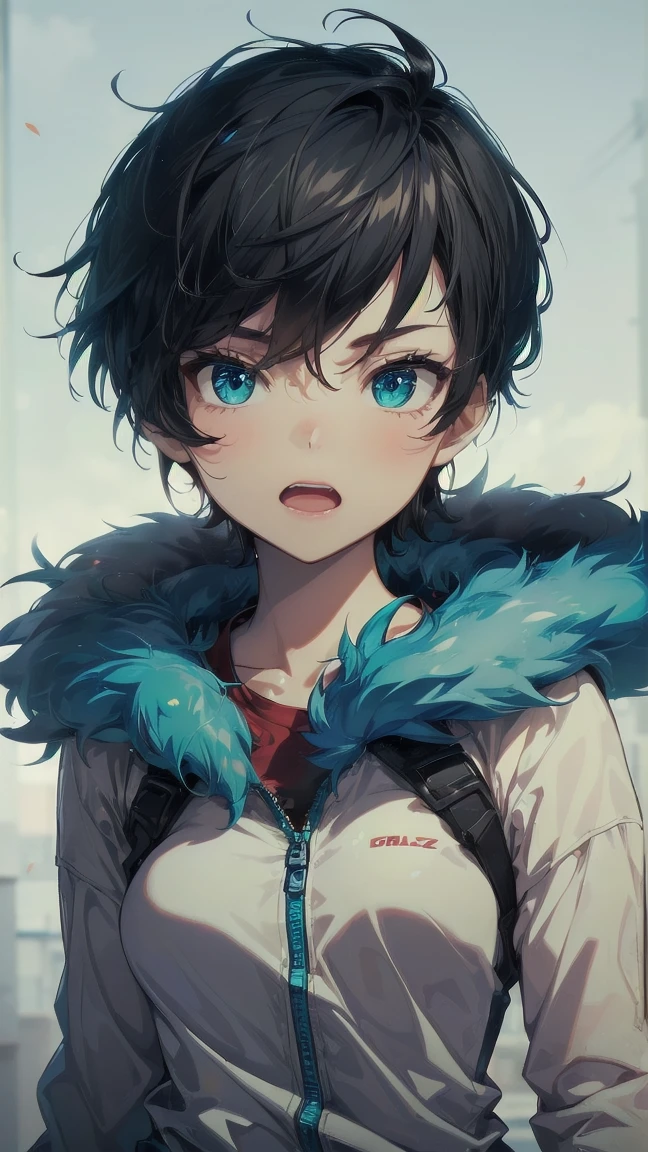 Close-up of a cartoon girl with blue hair and a yellow shirt, 2D Animation, 2D Animation style, 2D Art, 2D Art, 2D from Gorillaz, 2D from Gorillaz, 2D Gorillaz, Screaming Cerket, 2D Sprites, Jinx Face, short hair, Small breasts, hot pants, ((Black Hair, Bright blue fur inside:1.4))