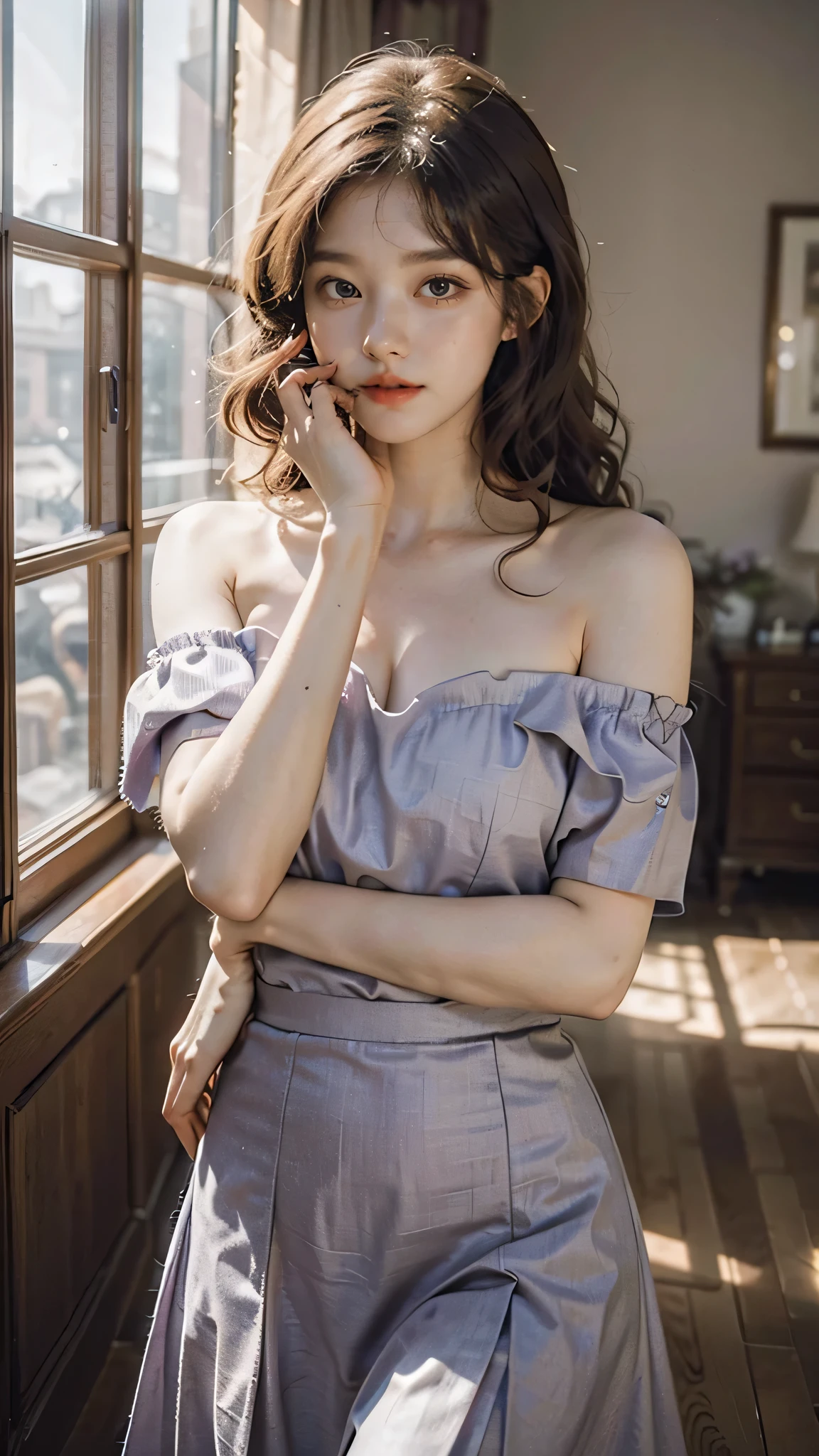 detailed background, masterpiece, best quality, 1 person , curly hair, long hair, purple eyes, star in eye , pink Strapless blouse, long skirt