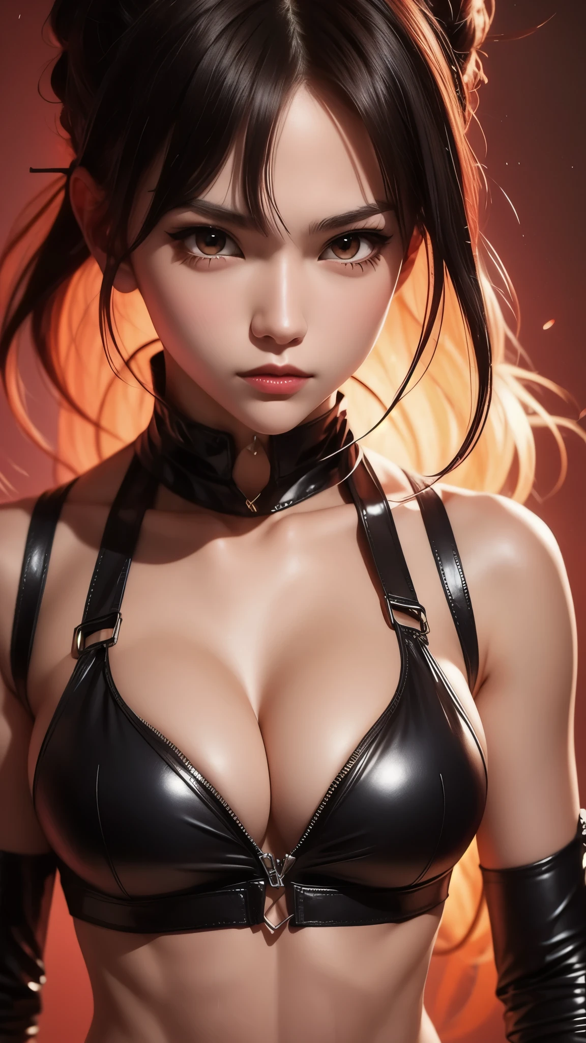 Immerse yourself in the world of game art with this visually diverse and creative half-length photo of a 20-year-old girl, featuring a close-up of her detailed eyes and large breasts.