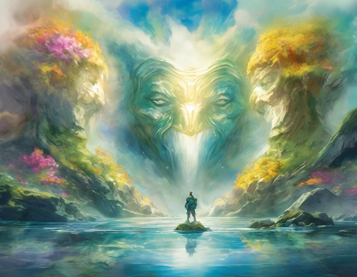In the center of the scene A a blue jacket man walk into a rock Titan open mouth, behemoth rock and gold dormant Titan bust, with mouth open resting in the center of a water mirror, the Titan head has moss-vegetaion and flowers. thick wavy Brush strokes, Digital illustration. brush strokes, watercolor, pastel color palette, golden rays and beautiful landscape, surreal phychadelic art, dreamy atmosphere, rainbow waves, oniric Theme, Peaceful environment, close up