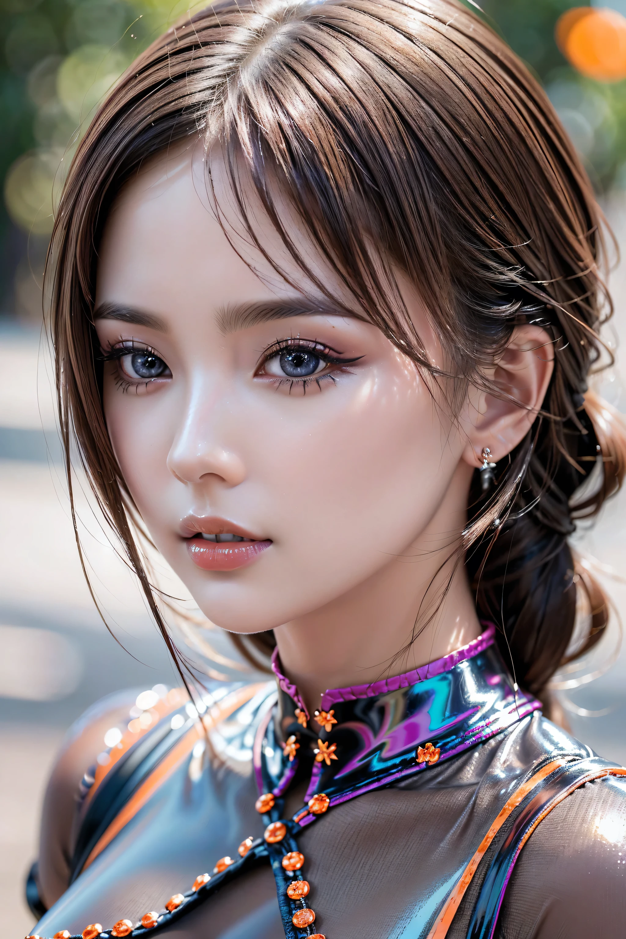 photorealism 32K realism ultra resolution quality, (the most absurd quality perfect eyes:1.2), (intricately detailed beautiful face), (light pale complexion). BREAK, ((ultra perfect eyes with absurd quality, extremely detail, ultra resolution, clear sharp focus, not blurry, Realistic brown_eyes:1.3)), ((finely quality, vibrant eyes:1.2)), ((finely detailed pupils:1.2)), (((close up of her face:1.24))), beautiful cheekbones, dramatic lighting, ((perfect composition)), pale skin, ((dry skin)), sexy stylish Swedish model, only 1 female, (doll-like appearance), long pink stylish hair, ((sexy Punk Lolita cosplay)), unconventional skirt, petticoats, high neckline, (ultra details lace), (ultra details embroidery), extremely detailed workmanship, transparent PVC in the shade of ORANGE, (Super Shiny ORANGE Transparent Holographic Full Bodysuit: 1.3), exceptionally fitting bodysuit with super reflective surfaces, cinematic light, detailed background of a large park with trees