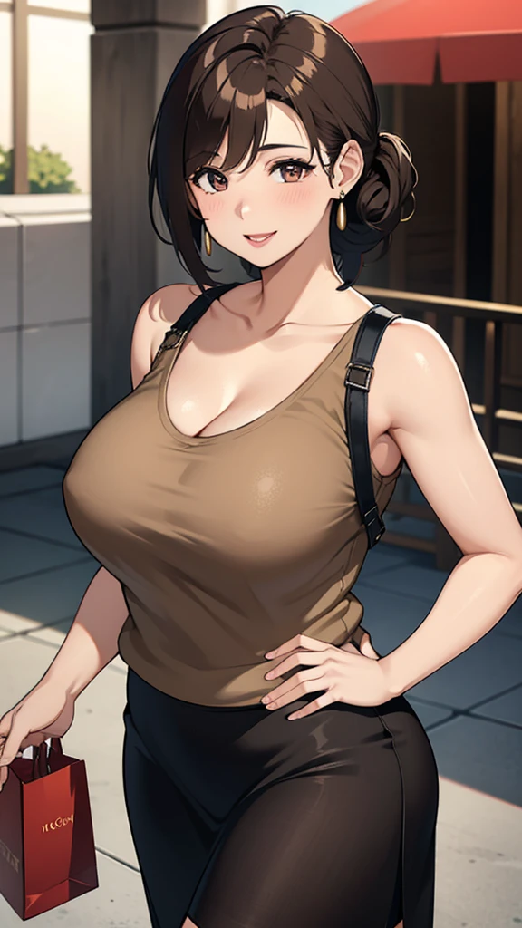 Female 26 years old,housewife,Sunlight,Smile,put on lipstick,Light brown curly short hair,A ponytail on the left,Slightly plump,Firm breasts,market shopping,Wearing a watch on the right hand,half moon earrings,skirt