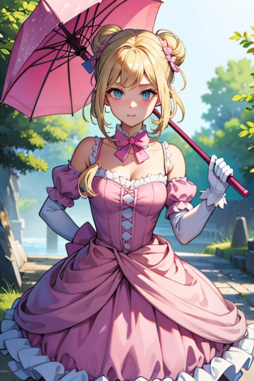 blonde girl with her hair in a bun, she is wearing a long and puffy blue dress, she has a pink bow on her waist, princess style, her gloves are white and in her hands she is carrying a pink umbrella