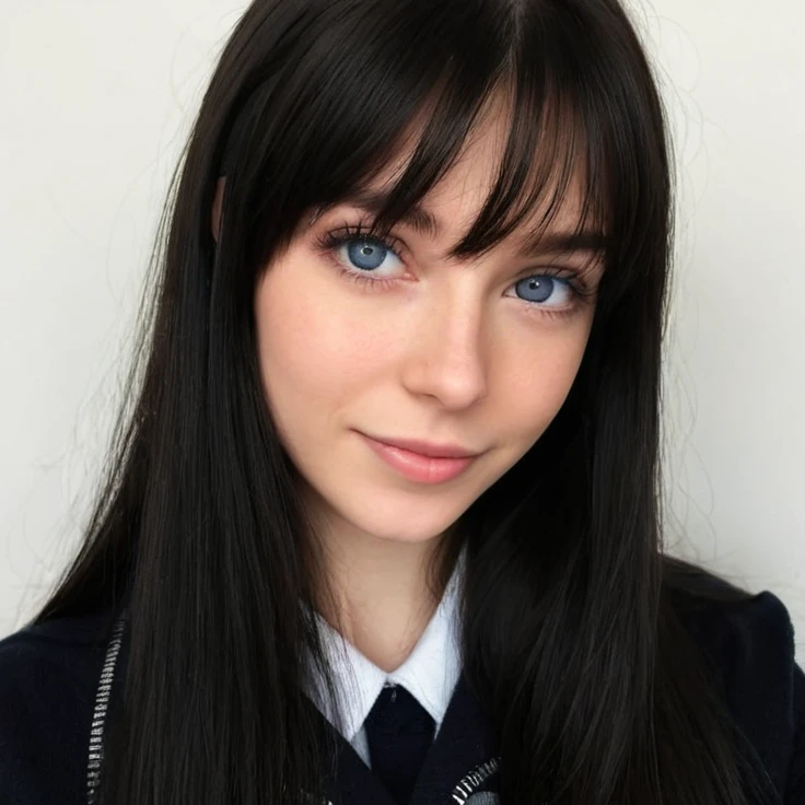 a beautiful young woman with long dark straight hair, blue eyes, bangs, holding an iPhone, smiling, with long nails, wearing a dark sweatshirt, taking a selfie in front of a neutral background,(best quality,4k,8k,highres,masterpiece:1.2),ultra-detailed,(realistic,photorealistic,photo-realistic:1.37),portrait,natural lighting,detailed facial features,intricate details,soft focus,warm color tones,cinematic lighting