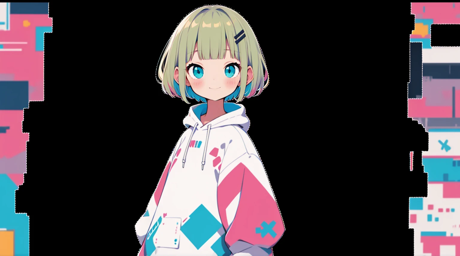 An unprecedented number of draws、Blonde、Pink hoodie、high quality、Colorful color palette、high resolution、pretty girl、 Pink hoodie、An unprecedented number of draws、Anime Style、Geometric background、Sticker Style、short hair、Blonde、Turquoise Eyes, Messy Hair, Pink hoodie、Cat ears of the same color as the hair、front, Hands posing, Until death, Bondage, Baggy clothes