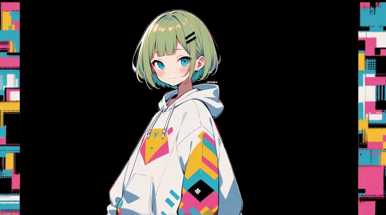 An unprecedented number of draws、Blonde、Pink hoodie、high quality、Colorful color palette、high resolution、pretty girl、 Pink hoodie、An unprecedented number of draws、Anime Style、Geometric background、Sticker Style、short hair、Blonde、Turquoise Eyes, Messy Hair, Pink hoodie、Cat ears of the same color as the hair、front, Hands posing, Until death, Bondage, Baggy clothes