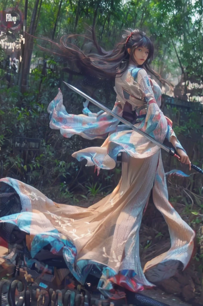a girl, sword, beautyful. nice bamboo forest background,