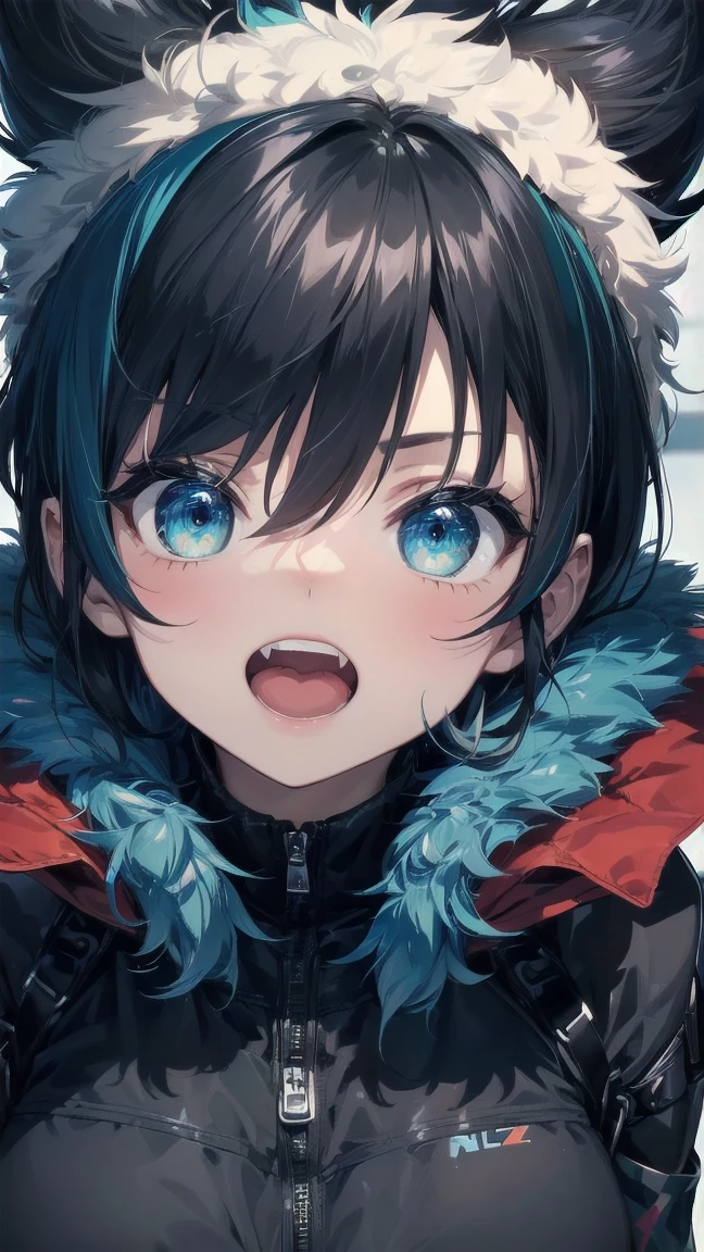 Close-up of a cartoon girl with blue hair and a yellow shirt, 2D Animation, 2D Animation style, 2D Art, 2D Art, 2D from Gorillaz, 2D from Gorillaz, 2D Gorillaz, Screaming Cerket, 2D Sprites, Jinx Face, short hair, Small breasts, hot pants, ((Black Hair, Bright blue fur inside:1.4))