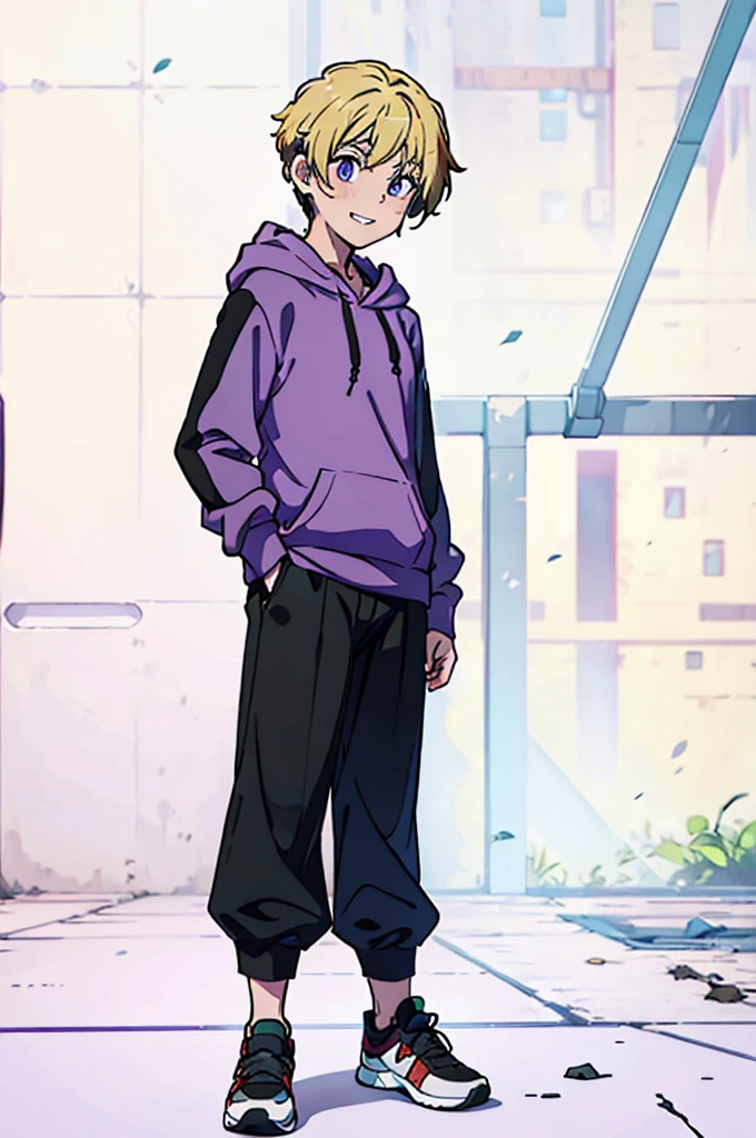 8k, original, 1boy, solo, illustration, mix, (single object), hd, absurdres, lora ((mappa studio style)), anime style, 2d, celshade style, digital art, (short hair), (((undercut hairstyle))), side-trimmed hair, (blonde hair), ((tight sleeves, black sleeves, long sleeves)), (purple hoodie), black long pants, red sneakers, wide smile, teeth, abandoned factory, hands on hip