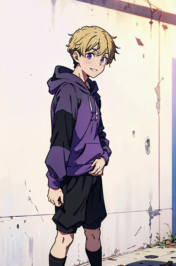 8k, original, 1boy, solo, illustration, mix, (single object), hd, absurdres, lora ((mappa studio style)), anime style, 2d, celshade style, digital art, (short hair), (((undercut hairstyle))), side-trimmed hair, (blonde hair), ((tight sleeves, black sleeves, long sleeves)), (purple hoodie), black long pants, red sneakers, wide smile, teeth, abandoned factory, hands on hip