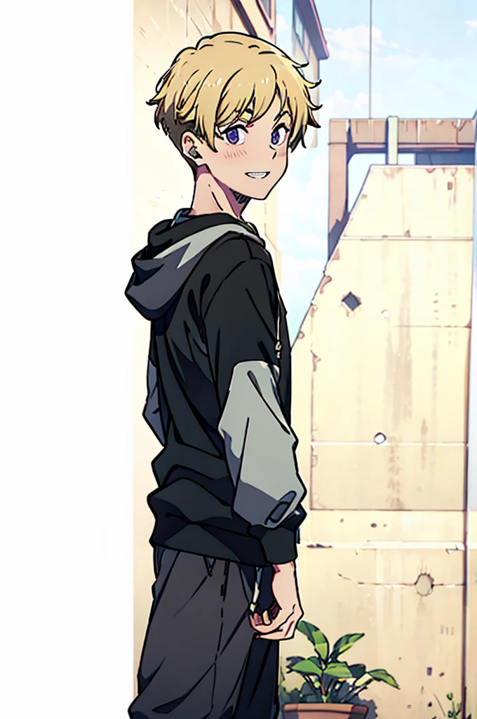 8k, original, 1boy, solo, illustration, mix, (single object), hd, absurdres, lora ((mappa studio style)), anime style, 2d, celshade style, digital art, (short hair), (((undercut hairstyle))), side-trimmed hair, (blonde hair), ((tight sleeves, black sleeves, long sleeves)), (purple hoodie), black long pants, red sneakers, wide smile, teeth, abandoned factory, hands on hip