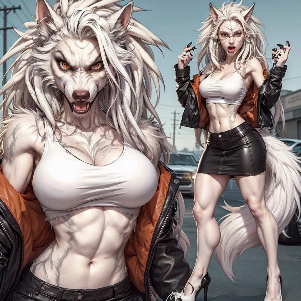 werewolf female, white fur, white hair with  dreadlocks, a little muscular, orange eyes, very agressive, angry, kneeling on the ground, angry, wearing a top color white, wearing a leather jacket color black open, wearing a miniskirt color black, wearing high heels, furry art draw, suburban zone background.