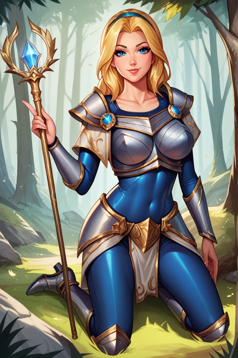 score_9, score_8_up, score_7_up, score_6_up, score_5_up, score_4_up, LuxLoLXL, blue eyes, blonde hair, long hair, hairband, big breasts, collarbone, shoulder armor, armor, blue bodysuit, breastplate, long sleeves, faulds, skirt, blue pants, armored boots, holding staff, solo, full body, standing, seductive smile, looking at viewer, forest, tree ,sitting on knees,peace sign

