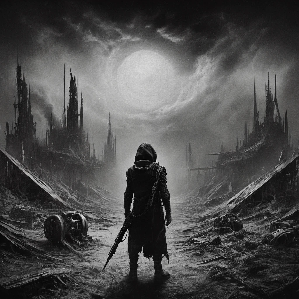 a dark moody black metal scene, black and white, cloudy black sky, ruined martian spaceport, 1boy, detailed face, eerie atmosphere, moody lighting, dramatic composition, cinematic, dark fantasy, dystopian, digital art, concept art, dark sci-fi, highly detailed, hyper realistic, 8k, octane render, cinematic lighting, dramatic shadows, dramatic angles, dark and gritty, brooding, ominous, foreboding, imposing, monumental, cold color palette, desaturated, muted tones, gloomy, moody, atmospheric, surreal, nightmarish, unsettling, ominous, enigmatic, mysterious, gothic, industrial, futuristic, post-apocalyptic, dystopian, bleak, desolate, abandoned, decaying, crumbling, decaying, worn, weathered, rusted, dirty, grimy, gritty, cinematic framing, dramatic lighting, high contrast, deep shadows, chiaroscuro, dramatic composition, striking, impactful, powerful, epic, grand, sweeping, majestic, awe-inspiring, breathtaking, stunning, magnificent, incredible detail, hyper realistic, photorealistic, masterpiece