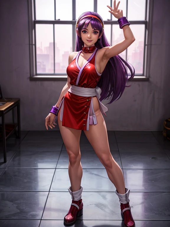  athena asamiya, 1girl, purple eyes,prety face, purple hair, long hair,in full body picture sensual pose, on over the shoulder pose, showing her underwear, with her buttocks raised and round, smiling at the camera, changing clothes, in front of a window,, hairband,realist anime style