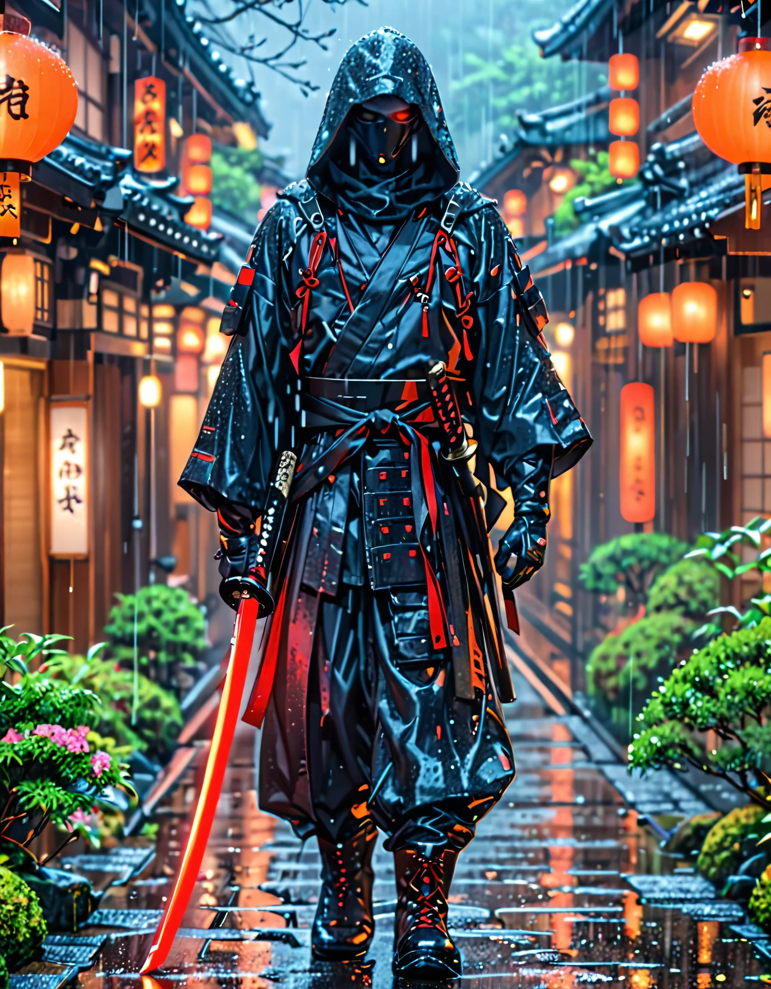 (masterpiece), (best quality), (hires), 1male, male focus, solo, solo focus, A man in a dark combat suit, covering his entire body, with a hood and black mask that covers him up to his nose and he has a Japanese katana in his hands, kyoto background, rainy atmosphere, cybernetic enhancements, dark brown eyes, cowboy shot, complete fingers, black gloves, matching boots. full body with costume.