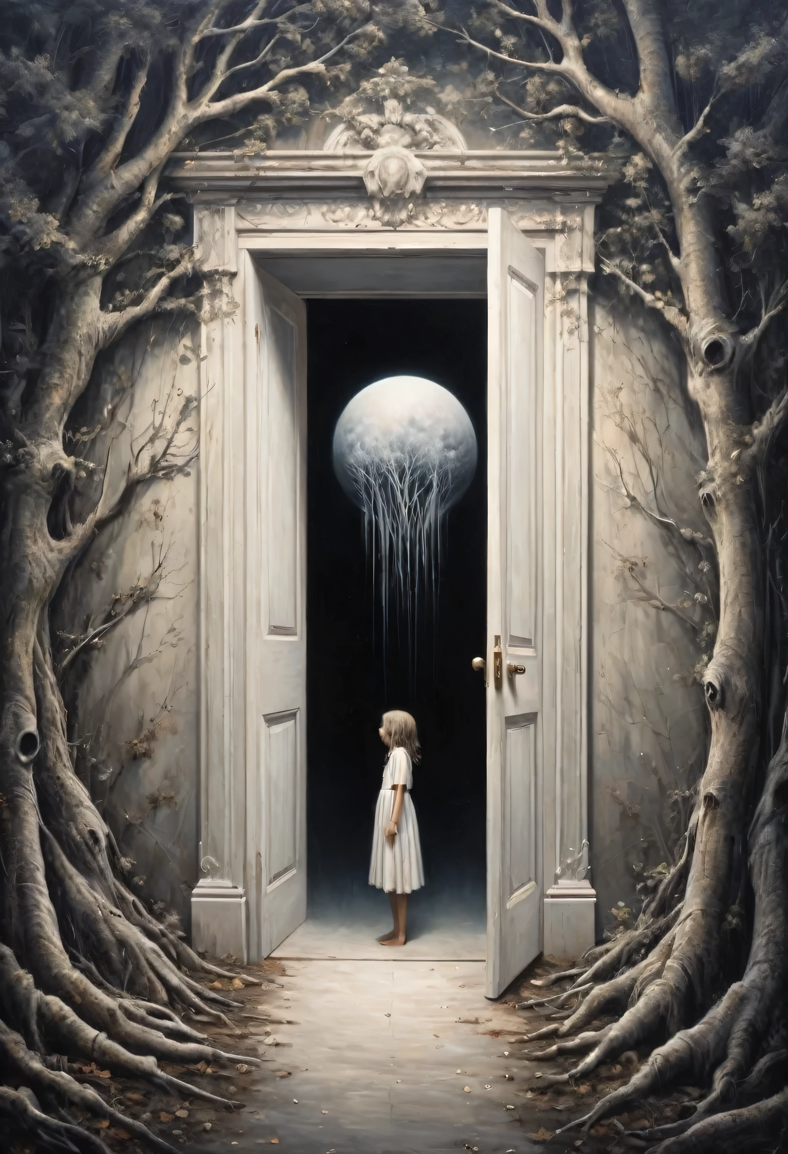Optical Illusion, a solid white door, 3d painting with painting frame around the door, painting in the wall, white door, undetailed door, hand draw, 3D painting, reality, fantasy art, enhance, intricate, (best quality, masterpiece, Representative work, official art, Professional, 8k) In the trees I knead the roots and only see my parents—but barely see trees here. In the buildings, I only see the windows and am already in love with what they hide—and I only see Her. In the cars, I only see the shadow and these ghosts haunt me. On the sidewalks, I do not see the viable paths you saw when we were together. And yes, in my house, I no longer see you, I do not dream much. In my hand, I do not see yours and I am already unique. In these fingerprints, I only see the typing touching the world. That I only see another randomly the same first moment—and second, and second, and minute, and I pray, and hour, and delay, night falls, day, and without a sister in the family, I am, week, at my mercy, nothing is mine, month, without a master, semester, without a plan, year, year and a half, without a middle, only an instant... and quickly I descend to the decade. In decadence, I soon reach the decade, and so soon I am already twenty years old...