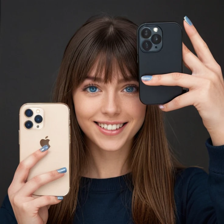 a beautiful young woman with long dark straight hair, blue eyes, bangs, holding an iPhone, smiling, with long nails, wearing a dark sweatshirt, taking a selfie in front of a neutral background,(best quality,4k,8k,highres,masterpiece:1.2),ultra-detailed,(realistic,photorealistic,photo-realistic:1.37),portrait,natural lighting,detailed facial features,intricate details,soft focus,warm color tones,cinematic lighting