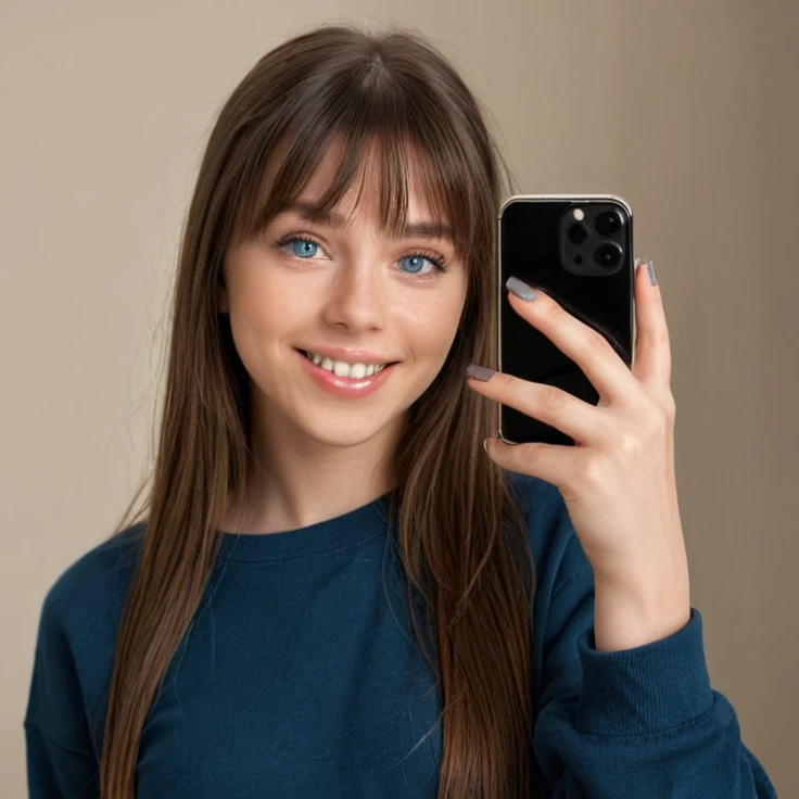 a beautiful young woman with long dark straight hair, blue eyes, bangs, holding an iPhone, smiling, with long nails, wearing a dark sweatshirt, taking a selfie in front of a neutral background,(best quality,4k,8k,highres,masterpiece:1.2),ultra-detailed,(realistic,photorealistic,photo-realistic:1.37),portrait,natural lighting,detailed facial features,intricate details,soft focus,warm color tones,cinematic lighting