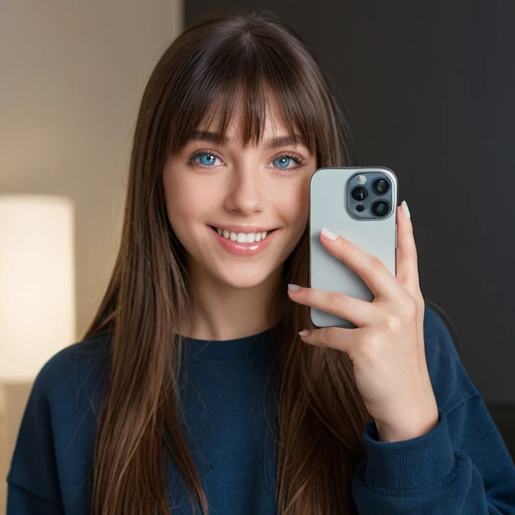 a beautiful young woman with long dark straight hair, blue eyes, bangs, holding an iPhone, smiling, with long nails, wearing a dark sweatshirt, taking a selfie in front of a neutral background,(best quality,4k,8k,highres,masterpiece:1.2),ultra-detailed,(realistic,photorealistic,photo-realistic:1.37),portrait,natural lighting,detailed facial features,intricate details,soft focus,warm color tones,cinematic lighting