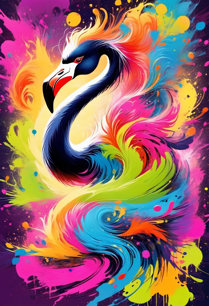 vectorial art, Colorful illustration with flamingo, At the center, swirly vibrant colors,graffiti art,ink spatter,Wild and unbridled,paint splash painting,rich and colorful,visual impact,modern aesthetic,Elegant and simple