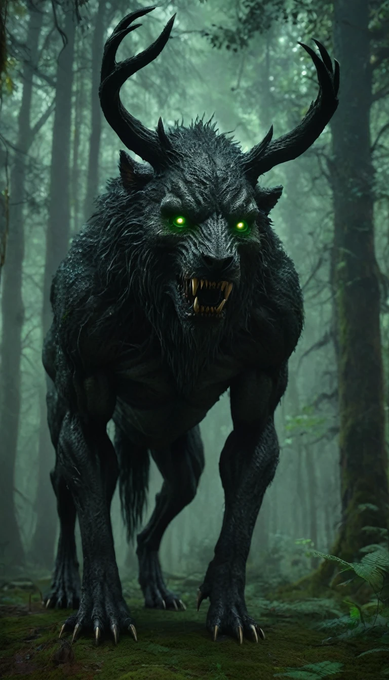 full body portrait of scary black beast, very tall, four legged, scary skull head, [deer | tiger | wolf | wendigo | bear], hybrid beast with beryl green eyes dark mysterious forest scenery , fantasy, dark fantasy, full body , cinematic, render, 8k, unreal engine, realistic, masterpiece, high detail, full body, low life, volumetric lighting 