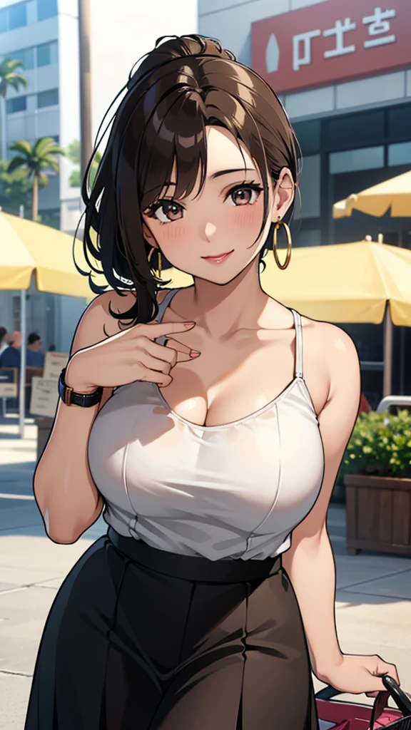 Female 26 years old，housewife，Sunlight，Smile，put on lipstick，Light brown curly short hair，A ponytail on the left，Slightly plump，Firm breasts，market shopping，Wearing a watch on the right hand，half moon earrings，skirt