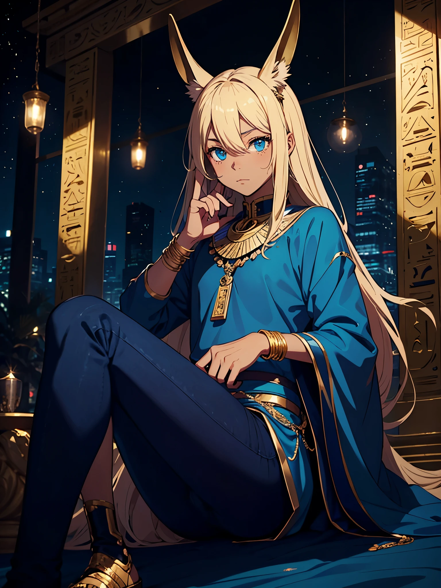 More anime style. cutie pie. アニメ! Teenage boy. Egyptian deity Anubis. Egyptian blue clothing. Blue clothes. long blond hair. Lots of gold jewelry. dark skin. Egyptian. dazzling blue eyes. mystical. divine.
