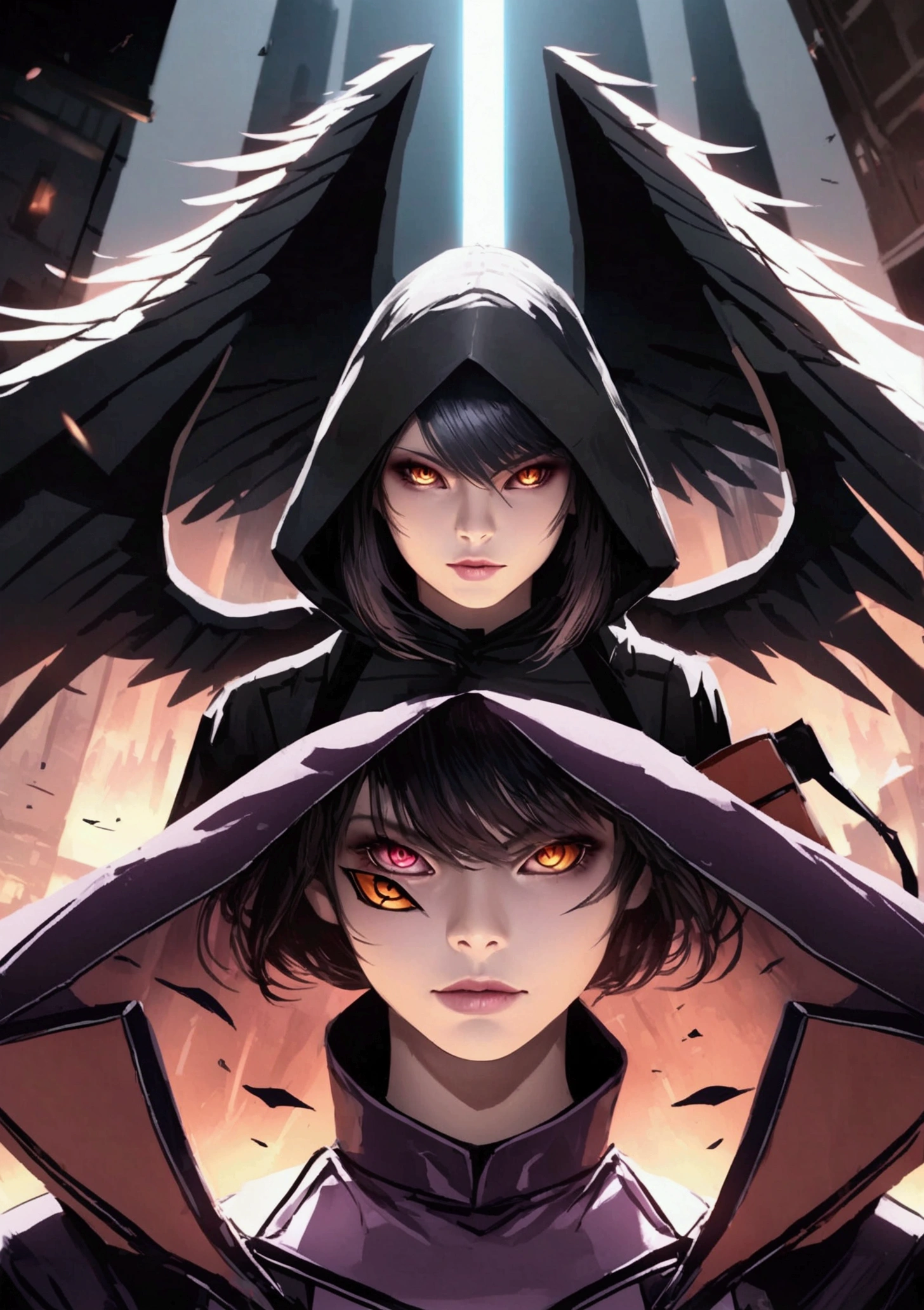 Realistic, 4K, Angels with big wings, Black clothes, one sword, Hood in war background image (chaos) rinnegan eyes