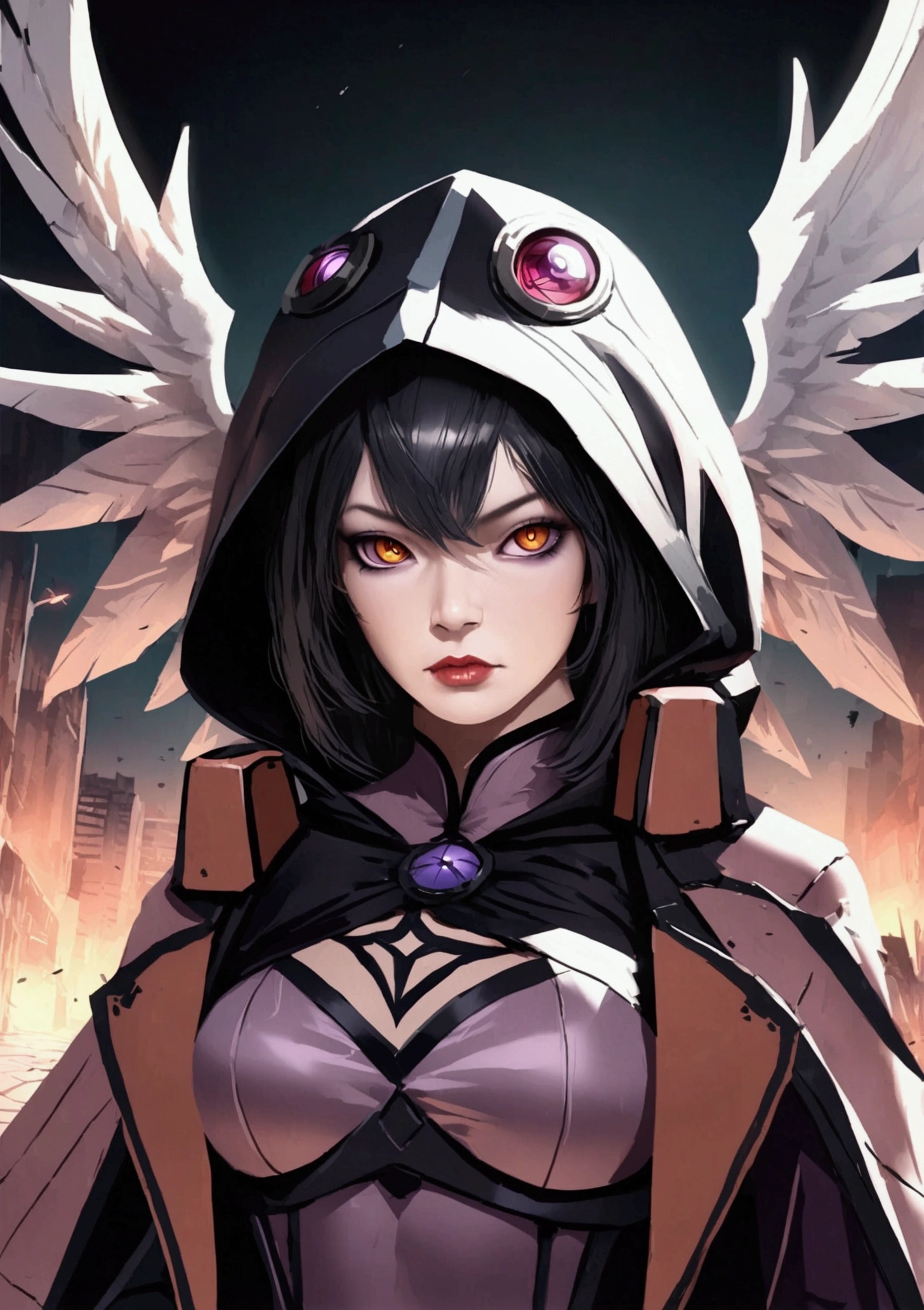 Realistic, 4K, Angels with big wings, Black clothes, one sword, Hood in war background image (chaos) rinnegan eyes