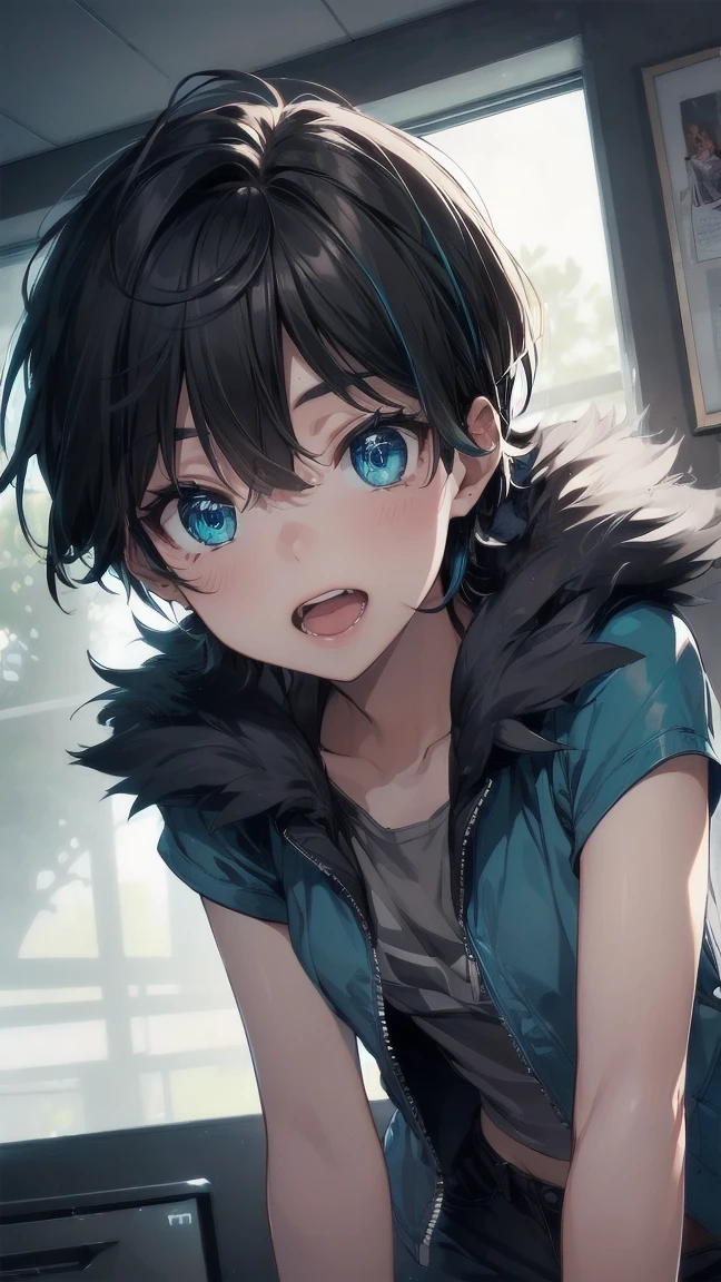 Close-up of a cartoon girl with blue hair and a yellow shirt, 2D Animation, 2D Animation style, 2D Art, 2D Art, 2D from Gorillaz, 2D from Gorillaz, 2D Gorillaz, Screaming Cerket, 2D Sprites, Jinx Face, short hair, Small breasts, hot pants, ((Black Hair, Bright blue fur inside:1.4))