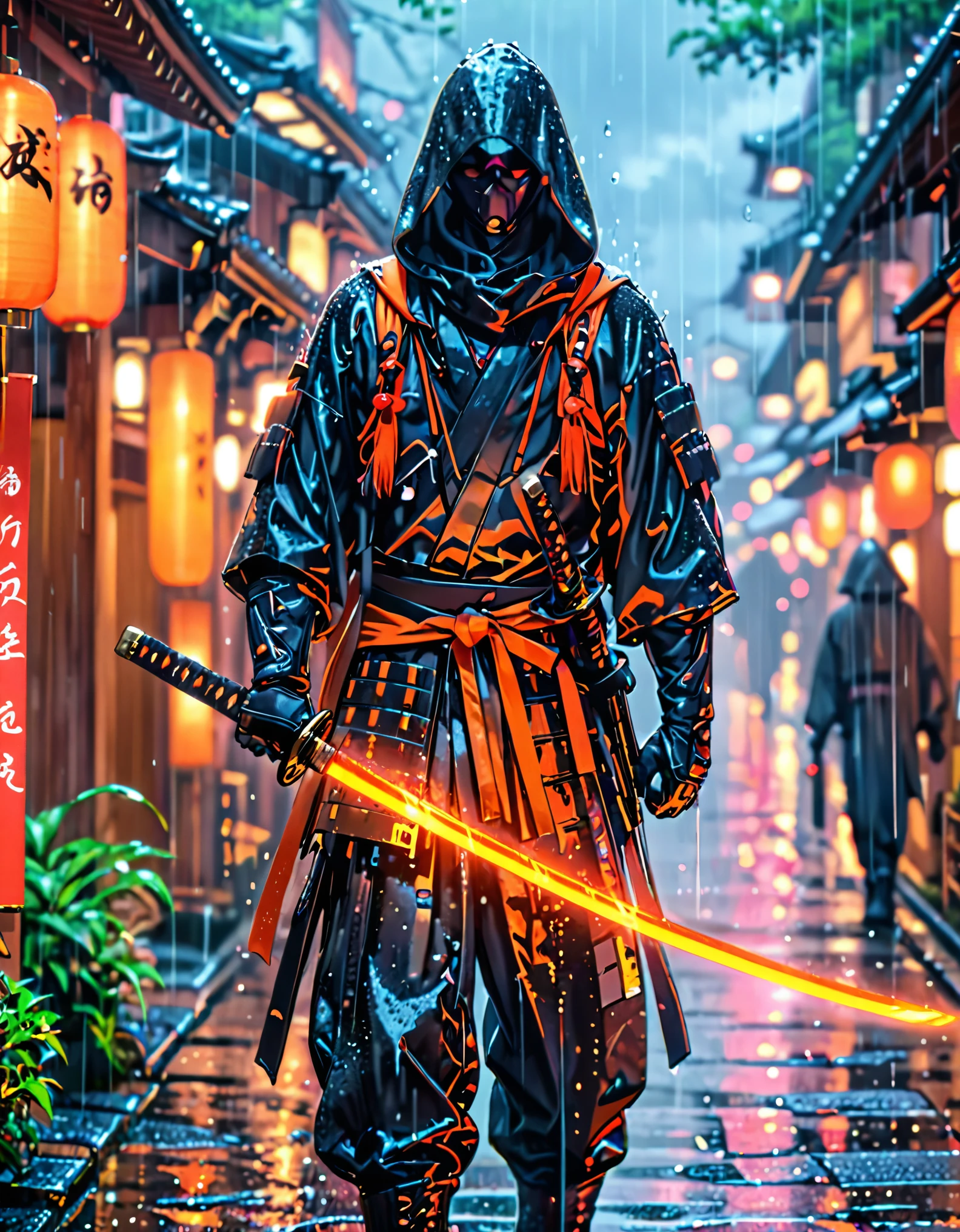 (masterpiece), (best quality), (hires), 1male, male focus, solo, solo focus, A man in a dark combat suit, covering his entire body, with a hood and black mask that covers him up to his nose and he has a Japanese katana in his hands, kyoto background, rainy atmosphere, cybernetic enhancements, dark brown eyes, cowboy shot, complete fingers, black gloves, matching boots. full body with costume.