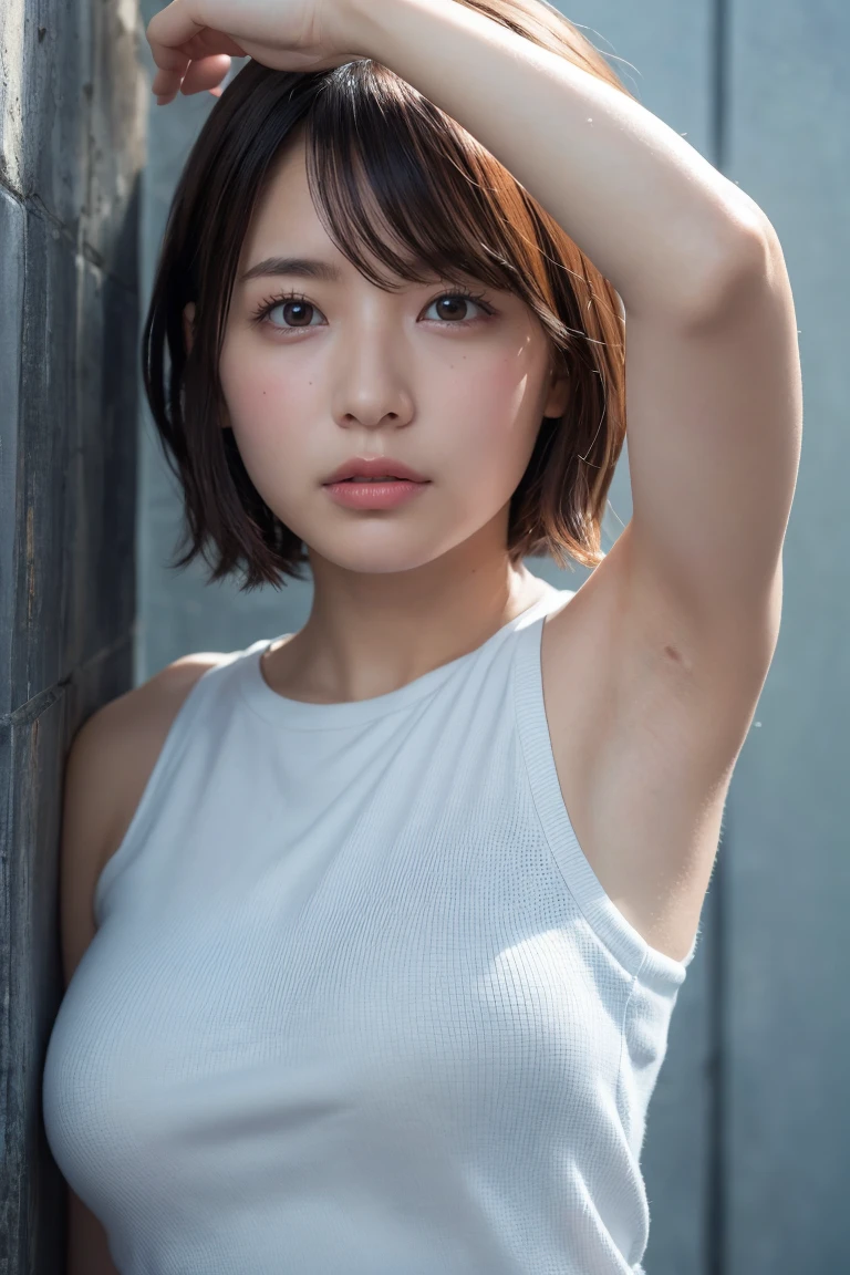 (Ultra HD、Ultra-high resolution、Realistic:1.3、8K、Japanese office lady、In front of the wall)、Attention in the armpits、Look Viewer、(Extremely realistic skin texture:1.4)、(Realistic:1.3)、short hair、((Embarrassed look:1.3))、(blonde:1.3)、40-year-old woman、Mature Woman、ponytail、(Lift your arms and show your armpits:1.3)、((Face close-up:1.45))、(Armpit sweat)、Leaning against a wall、((Shooting from the side:1.05))