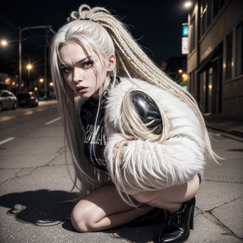 werewolf female, white fur, white hair with  dreadlocks, a little muscular, orange eyes, very agressive, angry, kneeling on the ground, angry, wearing a top color white, wearing a leather jacket color black open, wearing a miniskirt color black, wearing high heels, furry art draw, suburban zone background.