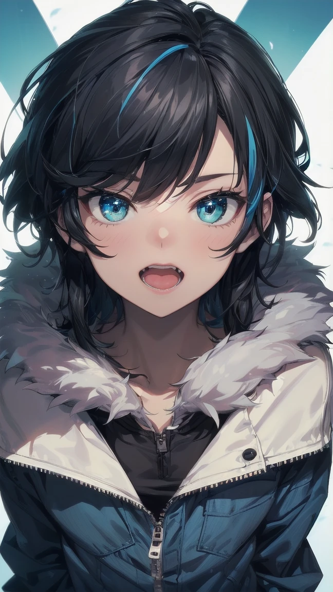 Close-up of a cartoon girl with blue hair and a yellow shirt, 2D Animation, 2D Animation style, 2D Art, 2D Art, 2D from Gorillaz, 2D from Gorillaz, 2D Gorillaz, Screaming Cerket, 2D Sprites, Jinx Face, short hair, Small breasts, hot pants, ((Black Hair, Bright blue fur inside:1.4))