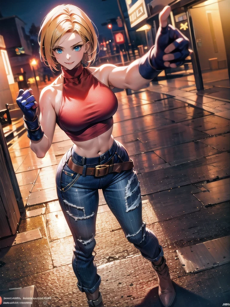 30 year old woman, alone, athletic, by the semi-cut ruby, she is wearing a tight red crop top, he wears blue jogger pants, has two belts, one small and the other a large belt hanging from his brown waist., wears blue fingerless gloves , he wears brown boots, smile at the viewer, points at the viewer, There is a little brown dog with white spots with her, high resolution, absurd, intricate, sharp focus, a New York alley in the background, Best Quality, Masterpiece, high resolution, Perfect picture, Very detailed, High contrast, Digital colors, simple, medium shot, cinematographic, ultra sharp focus, award-winning photography, perFect contrast, high sharpness, depth of field, ultra detailed photography, global illumination, fluid, ultra high definition, 8k, unreal engine 5, ultra-sharp focus, award-winning photography, Art Season Trends,