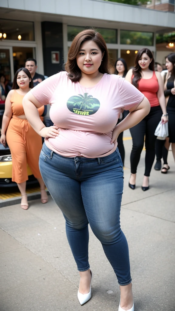 Four twin sisters，Fat woman  ((best quality)), ((masterpiece)), (detailed), Oval face, Wearing a green sports T-shirt and skirt, The other person is wearing a red loose shirt and jeans, Thin waist and thick hips,  Soft curves, hyperPractical full figure, Wearing a cute top, Long legs,,thickness, Four beautiful plump women, Four curvy female targets，Clear curve details, Curvy hourglass figure, Charming plus size models, bbw酱, full image, Surface Model, Curvy body, （full-body shot）blush, 1girll fat , Golden Ratio,(White and tender skin:),High quality background, HD, Practical, HDR. pedestrian mall，Skin as white as paper，High heel，Beach，coconut tree