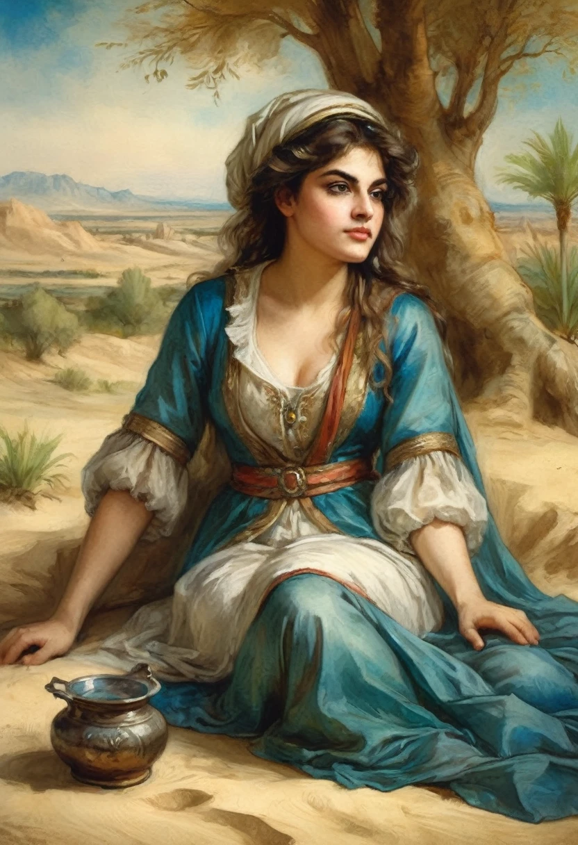 "An attractive young  princess Budur is sitting in Caracum desert" The outfit of a Persian princess ((in the style of Jean-Baptiste Greuze / Albrecht-Altdorfer )), lush watercolor palette canvas/acrylic, intricate, extreme detail, complex key, ((single shot)), ((best quality)), ((masterpiece)), ((realistic)), 8k, impressionism: 0.2 full hd wallpaper