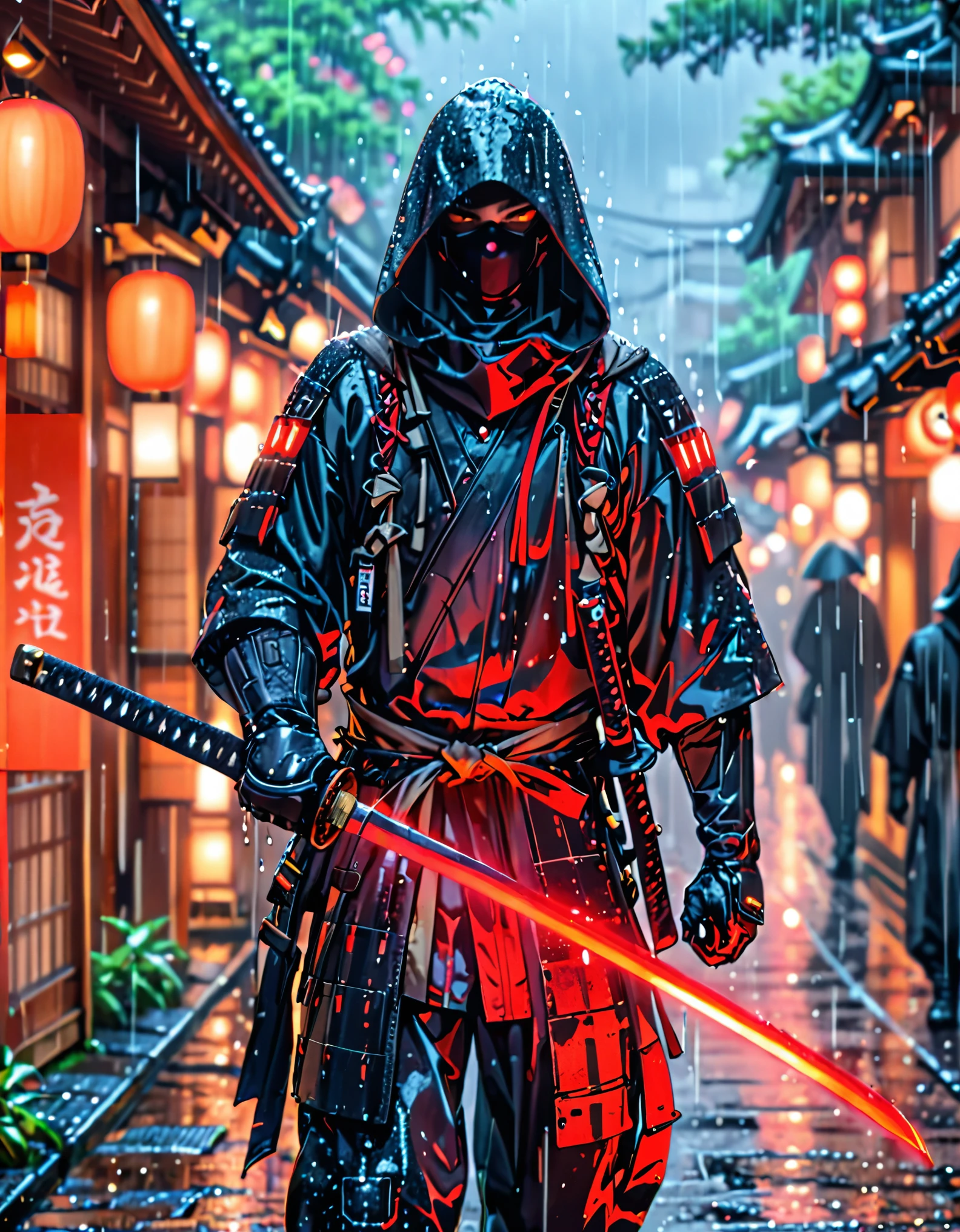 (masterpiece), (best quality), (hires), 1male, male focus, solo, solo focus, A man in a dark combat suit, covering his entire body, with a hood and black mask that covers him up to his nose and he has a Japanese katana in his hands, kyoto background, rainy atmosphere, cybernetic enhancements, dark brown eyes, cowboy shot, complete fingers, black gloves, matching boots. full body with costume.