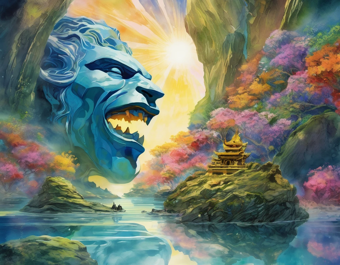 In the center of the scene: A man wearing a blue jacket enters into a rock Titan open mouth, rock and gold dormant Titan behemoth bust, with wide mouth open resting in the center of a water mirror, the Titan head has moss-vegetaion and flowers. thick wavy Brush strokes, Digital illustration. brush strokes, watercolor, golden rays and beautiful landscape, phychadelic art, dreamy atmosphere, rainbow waves, oniric Theme, Peaceful environment, close up