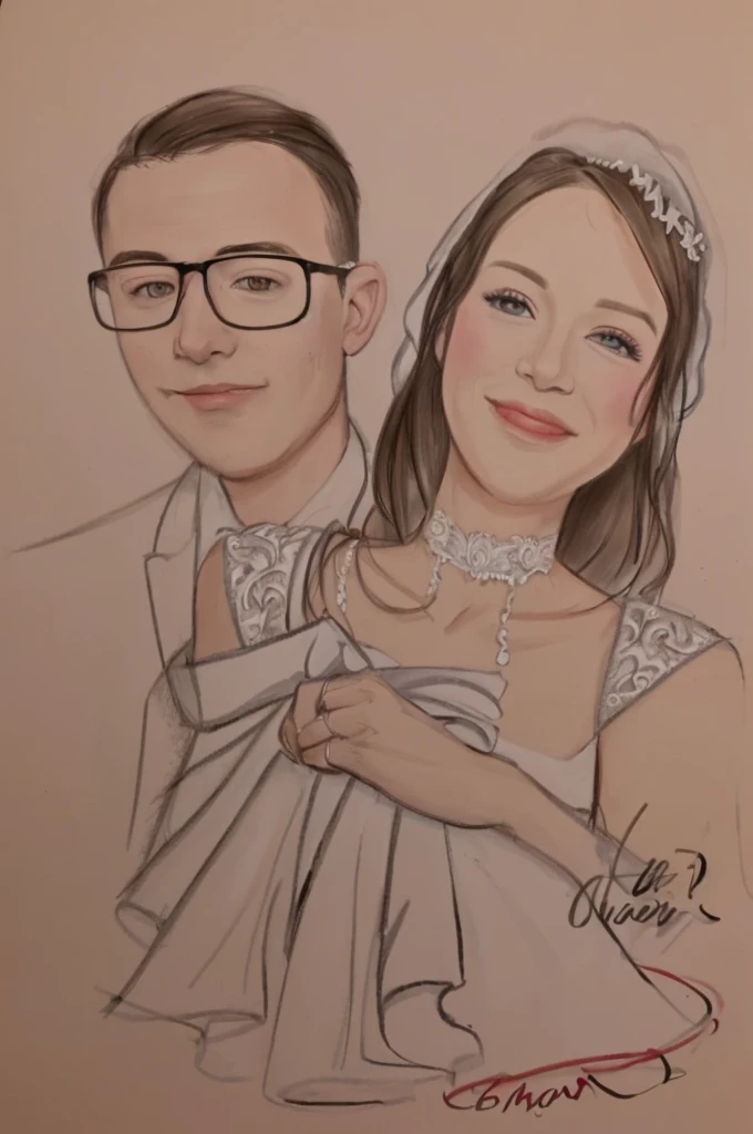 colored sketch of a bride and groom
