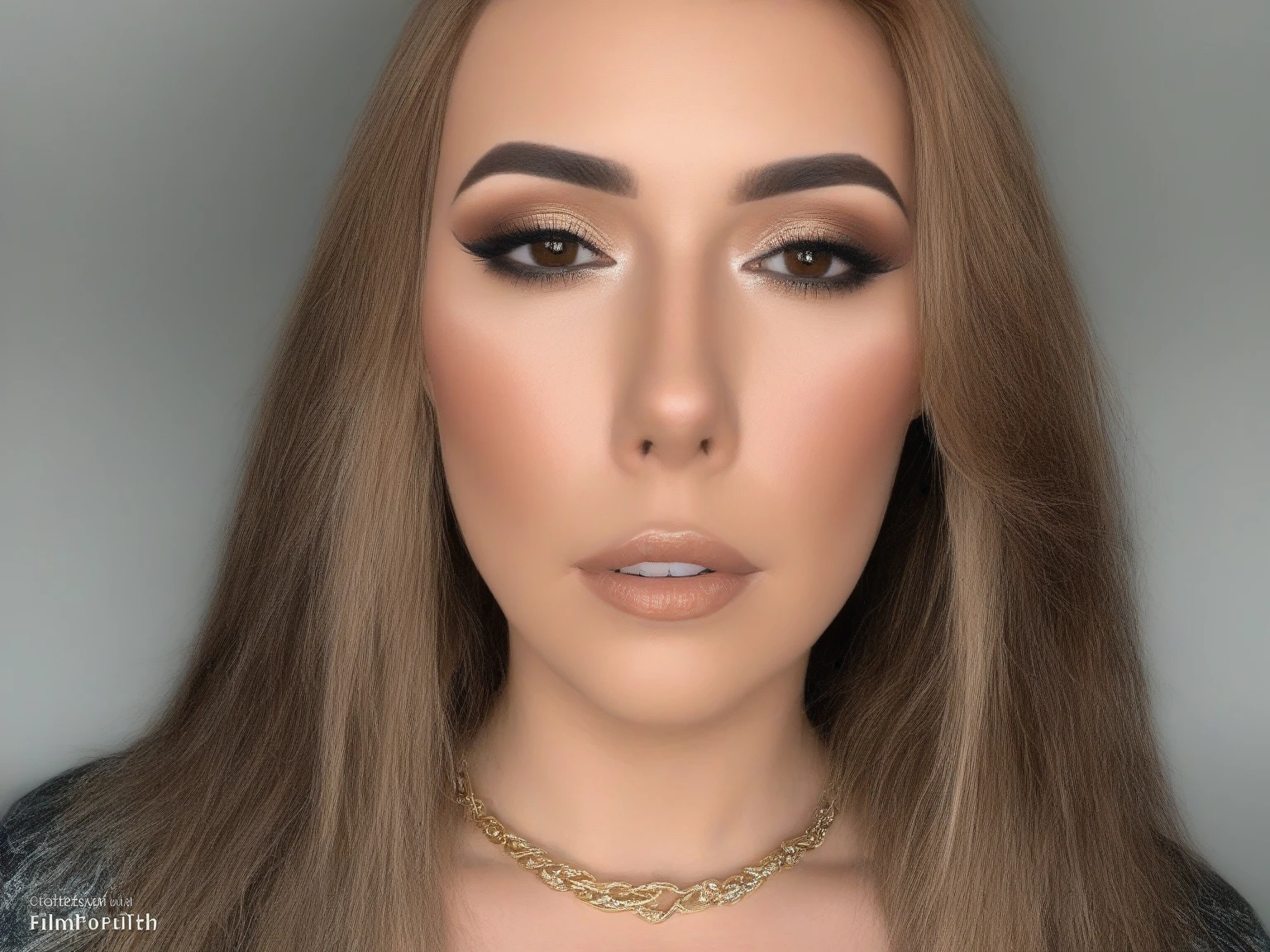 there is a woman with long hair and a necklace on, full face shot, sexy face with full makeup, thick fancy makeup, profile shot, detailed flawless face, full makup, dramatic soft shadow lighting, sultry look, evening makeup, brown watery eyes, full head shot, light makeup, subtle make up, full face close up portrait, with professional makeup