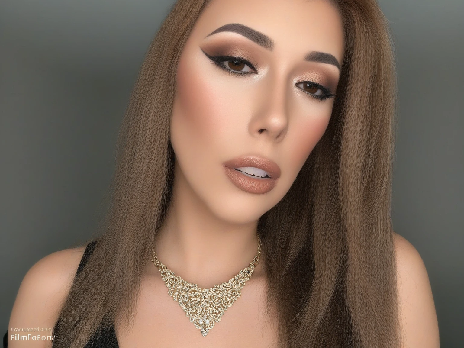 there is a woman with long hair and a necklace on, full face shot, sexy face with full makeup, thick fancy makeup, profile shot, detailed flawless face, full makup, dramatic soft shadow lighting, sultry look, evening makeup, brown watery eyes, full head shot, light makeup, subtle make up, full face close up portrait, with professional makeup