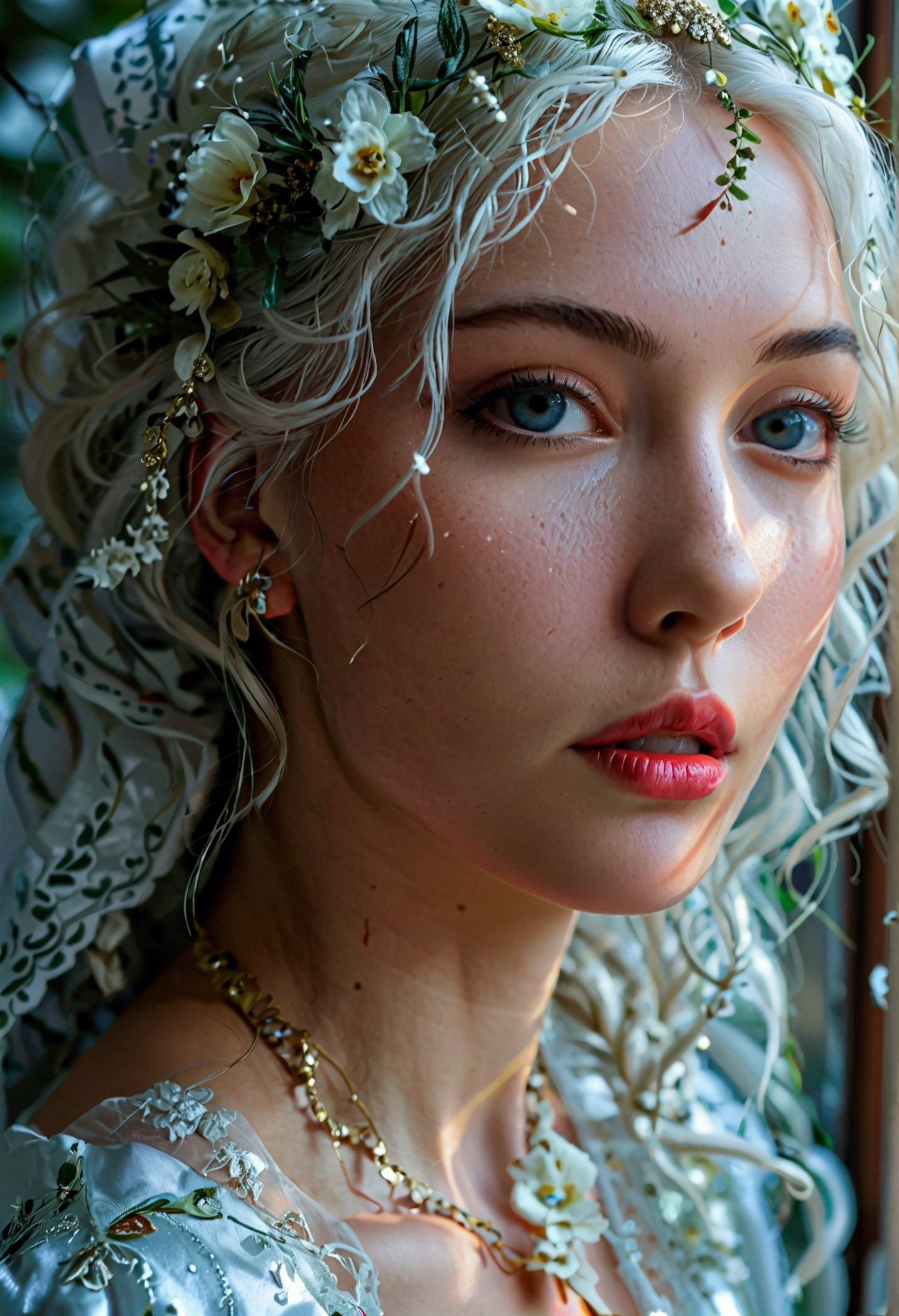 Woman,1 Woman,((milf,mom,mellow,mellow Woman,age 45, Woman,grown-up)),(gothic Woman with pale skin),
(breasts big:1.5),saggy breasts,(((long White hair,White hair:1.4,long and voluminous hair,hair over one eye,wavy hair))),((Plata_eyeballs:1.3))),intricate eyeballs,beautiful detailed eyeballs,symmetrical eyeballs,sharp eyeballs,((((shining skin:1.5,shining skin: 1.5,skin tanned,shining skin,very shining skin,shinny body,brightened skin)))),(spider lower abdomen,narrow waisted,wide hip,baby bodysuit,inflated legs,thick-thighs),(((face detailed))),a thin, upturned nose, shapely lips, an hourglass body shape,absurderes, cute curvy,slutty,sensuous,seducer look,seducer,((Erotic)),opulent,sumptuous,eagerly,((nsfw)),
(tattered garments:1.1),(white stockings:1.1),((white large witch's hat,fancy de bruxa),witch's hat, White hat,Big hat, White hat,white gown, long robe, long sleeves, ), fancy,magie, ((white clothes and makeup)),((FLOWER RED),hair flower),(white robe,humida,Emotionless,FLOWER REDs falling),(fur cloak, white gown), ,
(dynamic pose:1.0),embarrased,(centred,scale to fit dimensions,rule of thirds),
((snowy pine forest at night, black forest, marsh, murky water, misty, scary aura, mysterious atmosphere)),with dark and stormy clouds,winter,scenario:1.25,intricate scenario,((snow forest background)),
(Glossy winter ornaments),high resolution,sharp focus,(ultra detaild,extremely detaild),(photorealistic art:1.37),(extremely detaild CG unity 8k wallpaper),(((swirly vibrant colors,vibrant theme))),(intricate),(work of art),(best qualityer),artistic photography,(photograph taken by sldr),(intricate background),perfect rendered face,perfect face details,lifelike face,photo realist,((intricate detail)),(((真实感))),