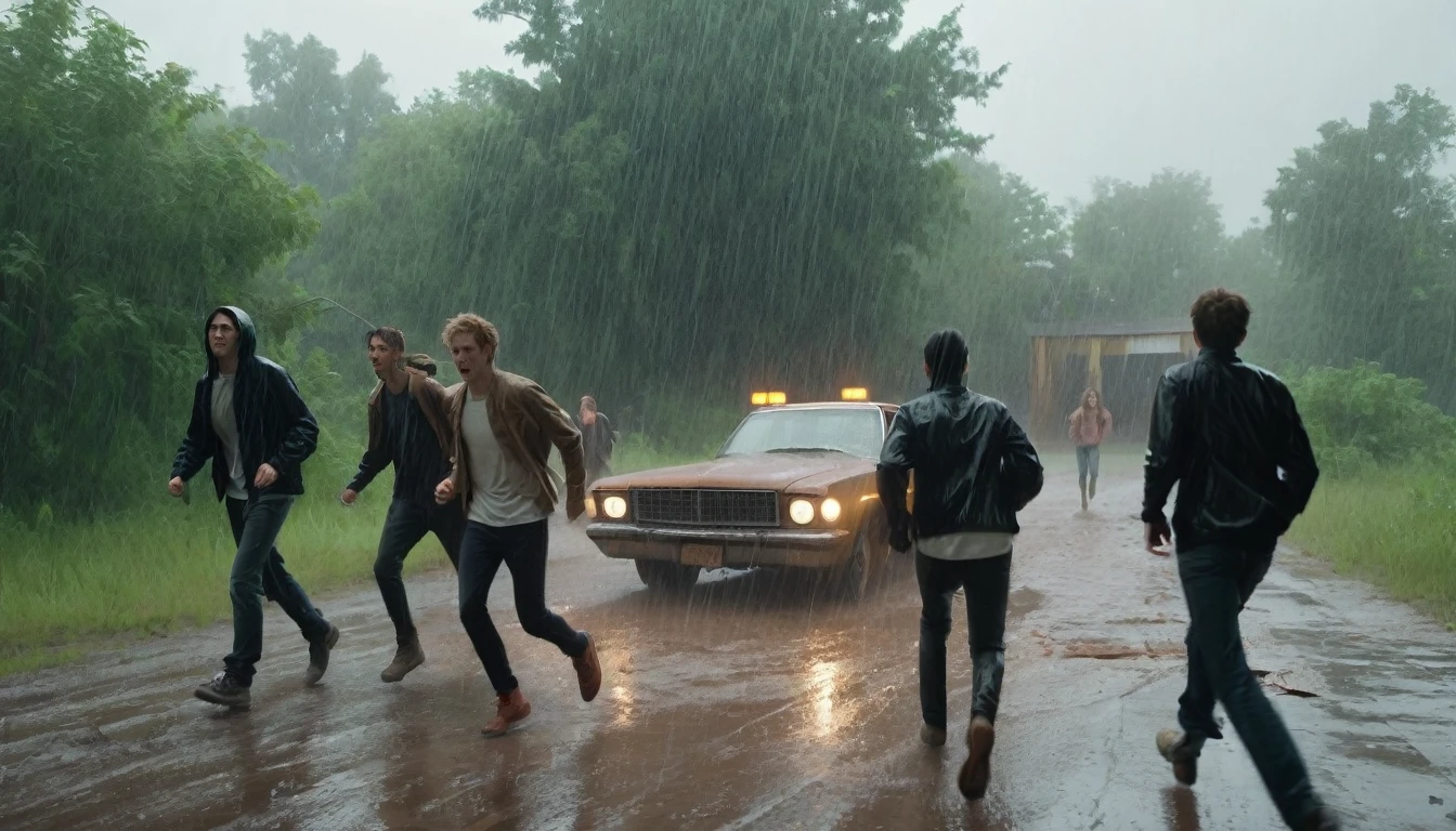 A moment of tension outside the abandoned school, with heavy rain falling and lightning lighting up the scene. The group of friends runs towards the car, which is parked near dense vegetation.