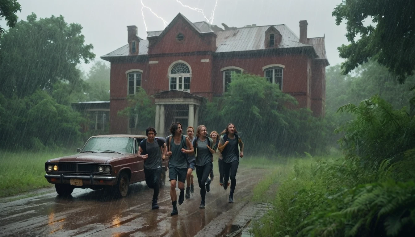 A moment of tension outside the abandoned school, with heavy rain falling and lightning lighting up the scene. The group of friends runs towards the car, which is parked near dense vegetation.