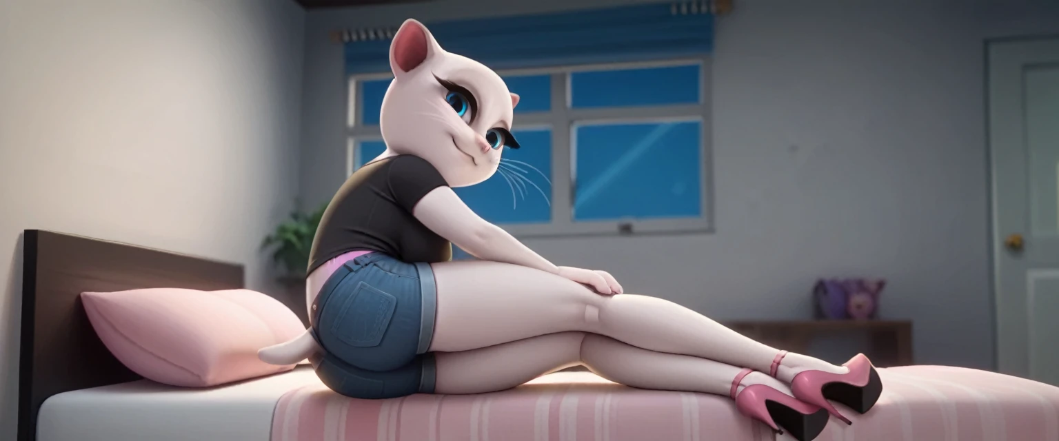 solo focus, a_la, 1girl, cat, white fur, long whiskers on both sides of the face, big bright blue eyes, big black eyelashes, big ass, big breasts, pink nose, triangular ears with pink channels, long legs, black hair, short hair,  high heels, shorts jeans, black T-shirt. side view. in bed, sad smile, at home, looking back.Score_9, Score_8_up, Score_7_