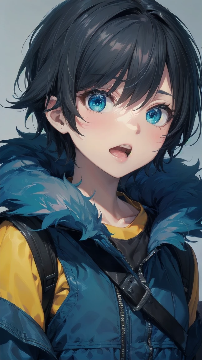 Close-up of a cartoon girl with blue hair and a yellow shirt, 2D Animation, 2D Animation style, 2D Art, 2D Art, 2D from Gorillaz, 2D from Gorillaz, 2D Gorillaz, Screaming Cerket, 2D Sprites, Jinx Face, short hair, Small breasts, hot pants, ((Black Hair, Bright blue fur inside:1.4))
